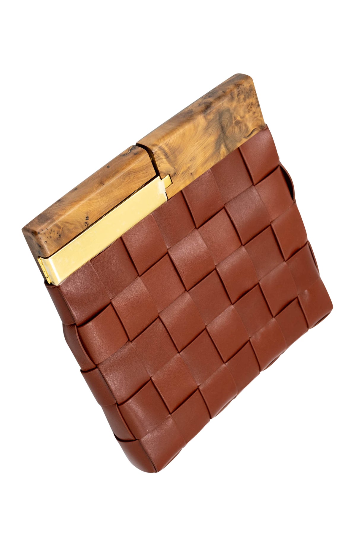 Bottega Veneta Brown Wide Weave Wood Handle Fold Over Clutch