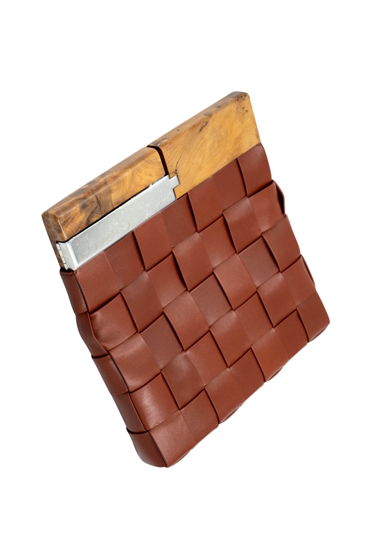 Bottega Veneta Brown Wide Weave Wood Handle Fold Over Clutch