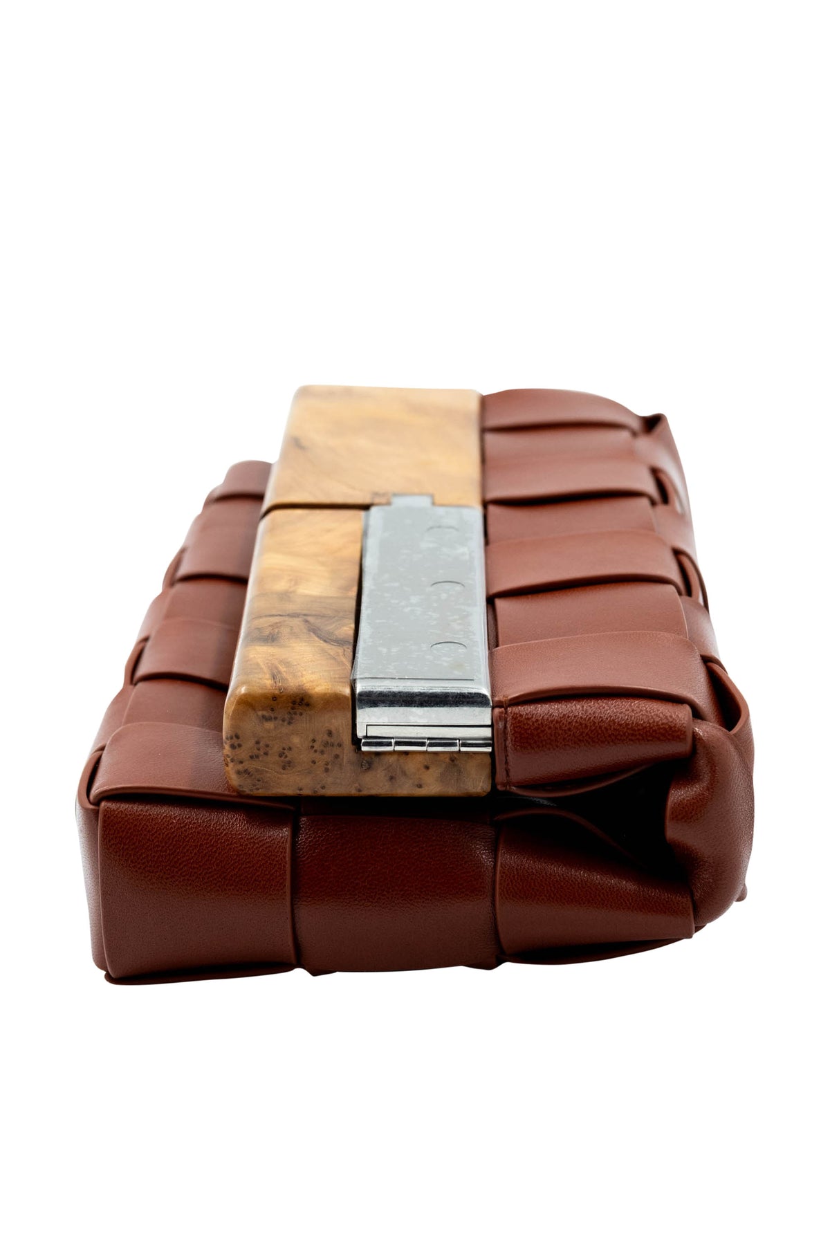 Bottega Veneta Brown Wide Weave Wood Handle Fold Over Clutch