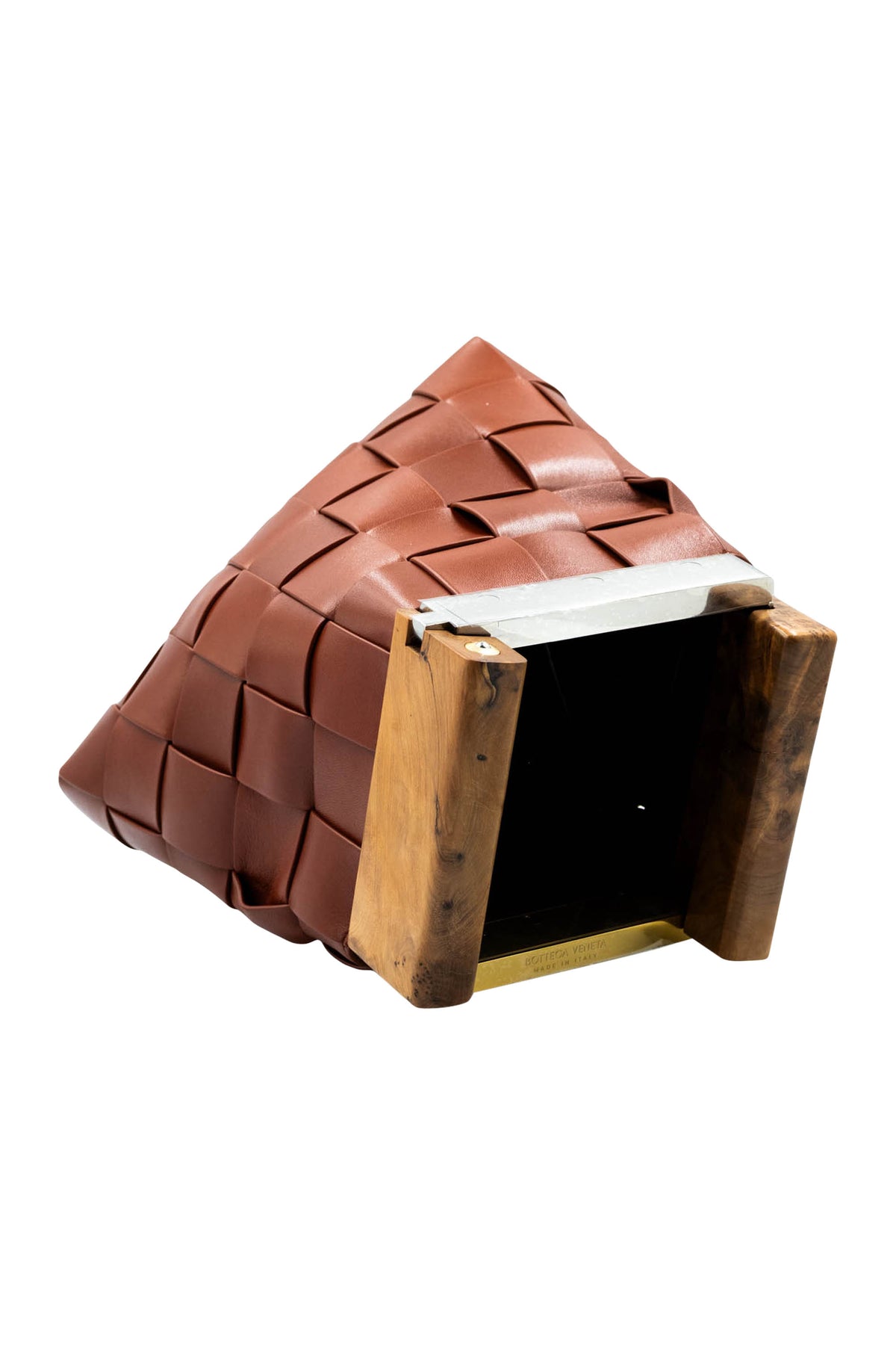 Bottega Veneta Brown Wide Weave Wood Handle Fold Over Clutch