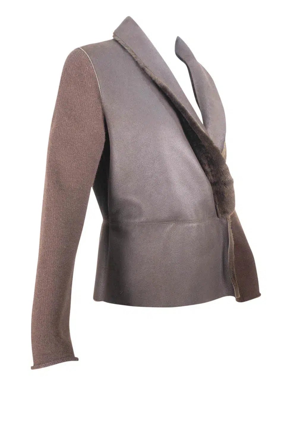 Brunello Cucinelli Brown Shearling Jacket Cashmere Trim Size L - Foxy Couture Carmel