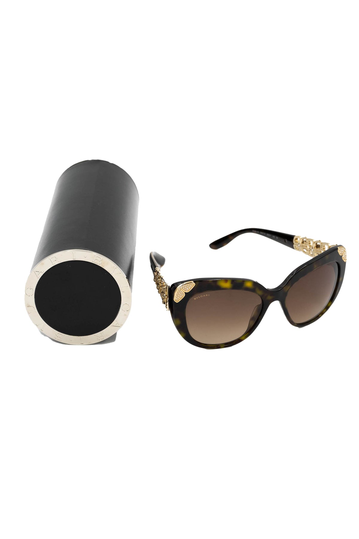 Bulgari Tortoise Sunglasses With Gold and Crystal Arms
