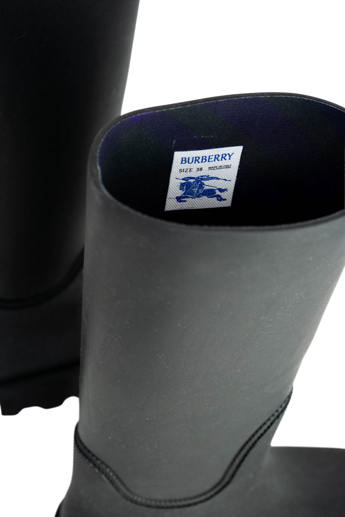Burberry Black Rubber Rain Boots With Purple Nova Check Lining Size 38
