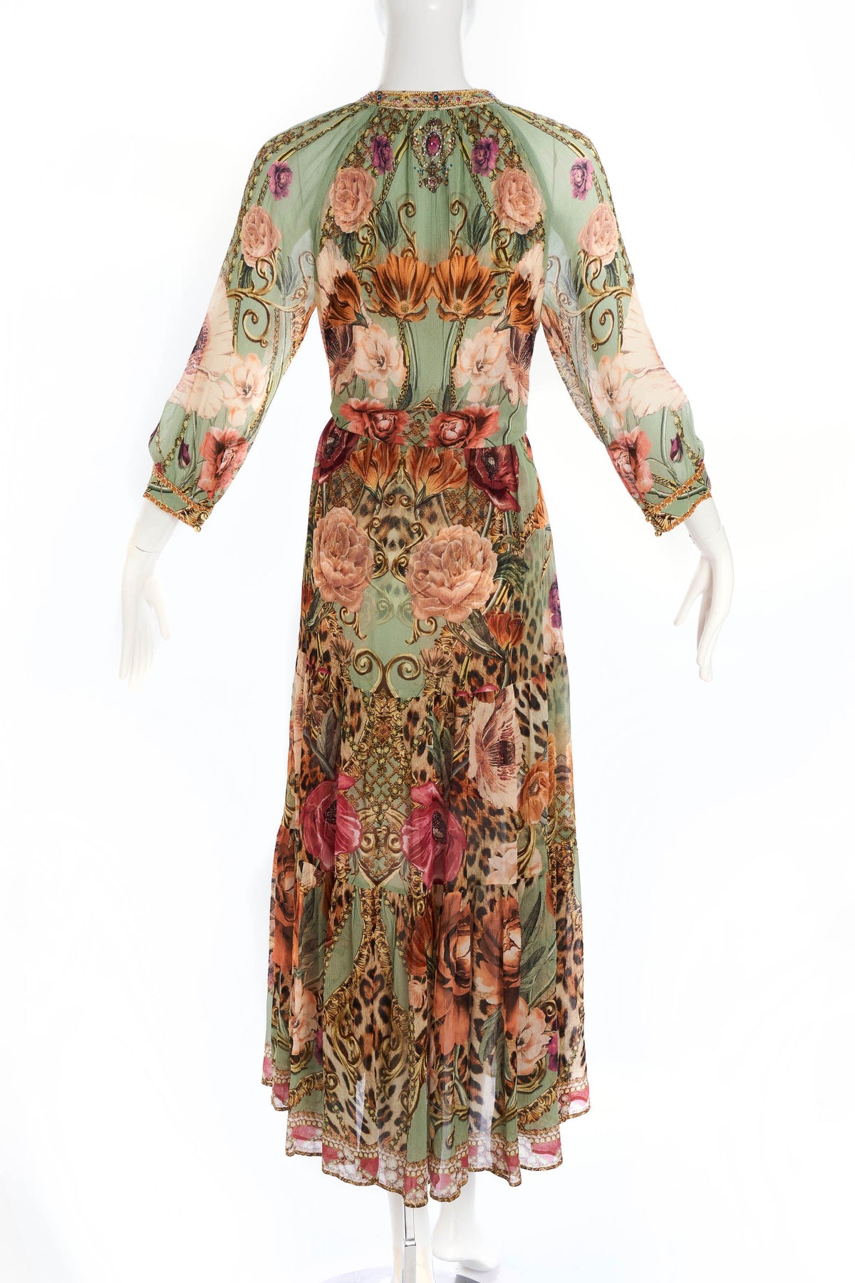 Camilla Green Floral Print Embellished Caftan Silk Maxi Dress XS