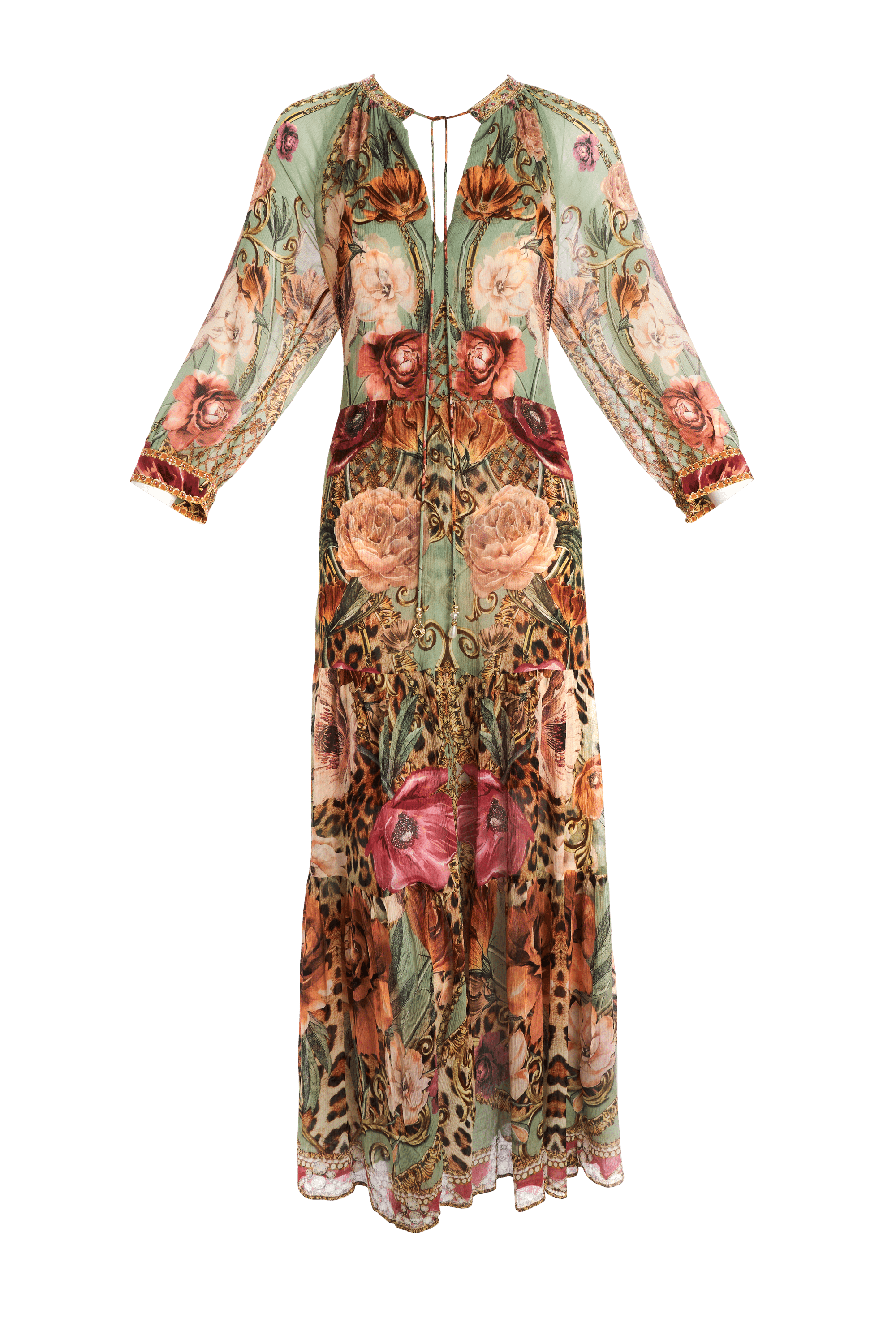 Camilla Green Floral Print Embellished Caftan Silk Maxi Dress XS