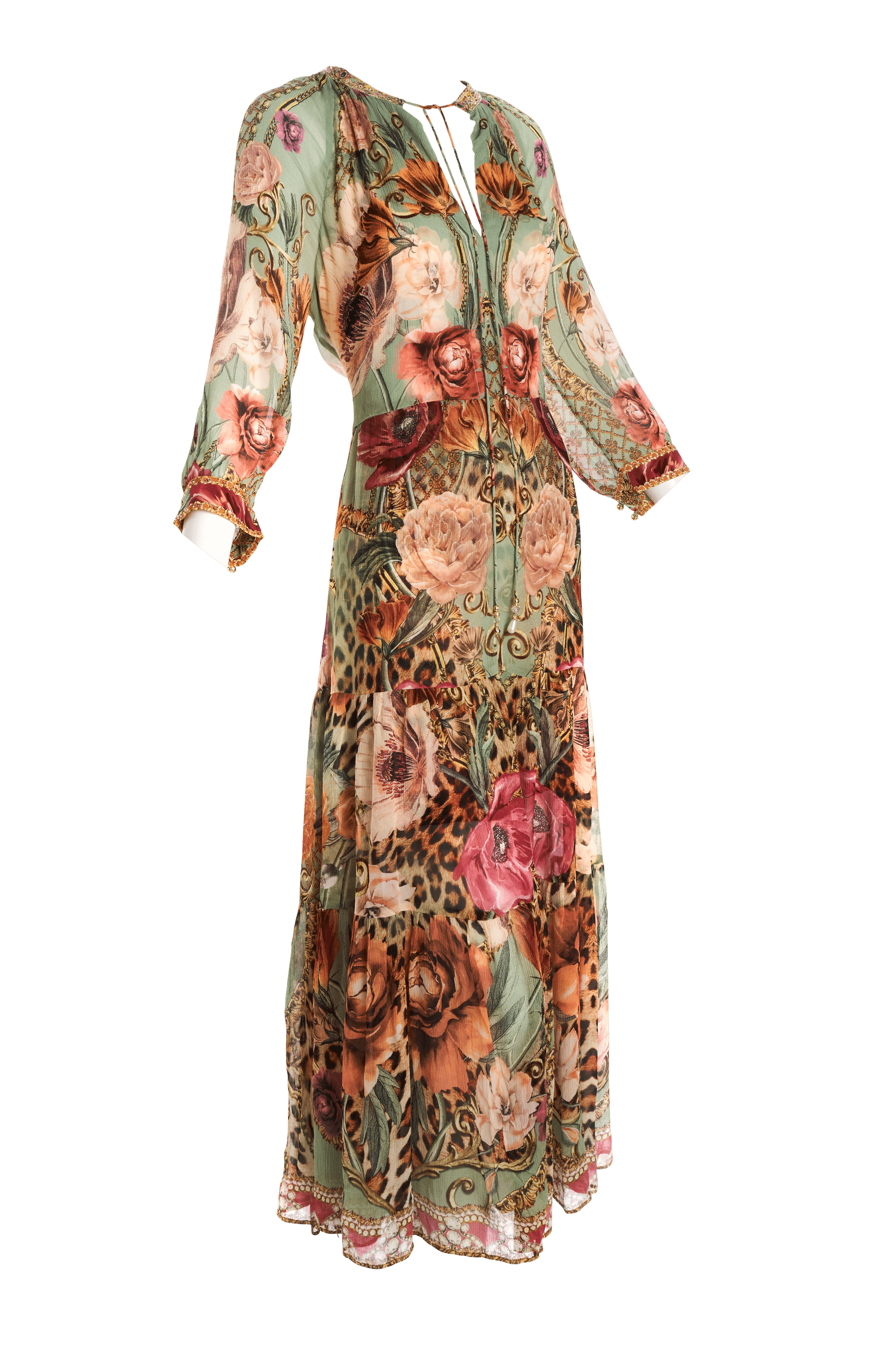 Camilla Green Floral Print Embellished Caftan Silk Maxi Dress XS - Foxy Couture Carmel
