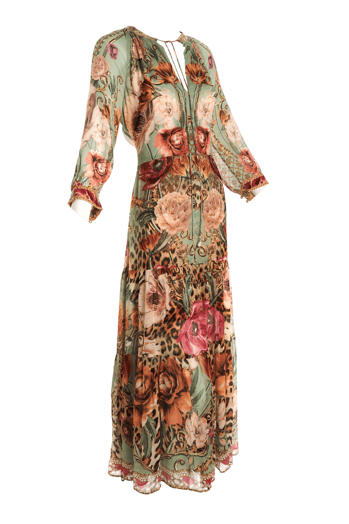 Camilla Green Floral Print Embellished Caftan Silk Maxi Dress XS