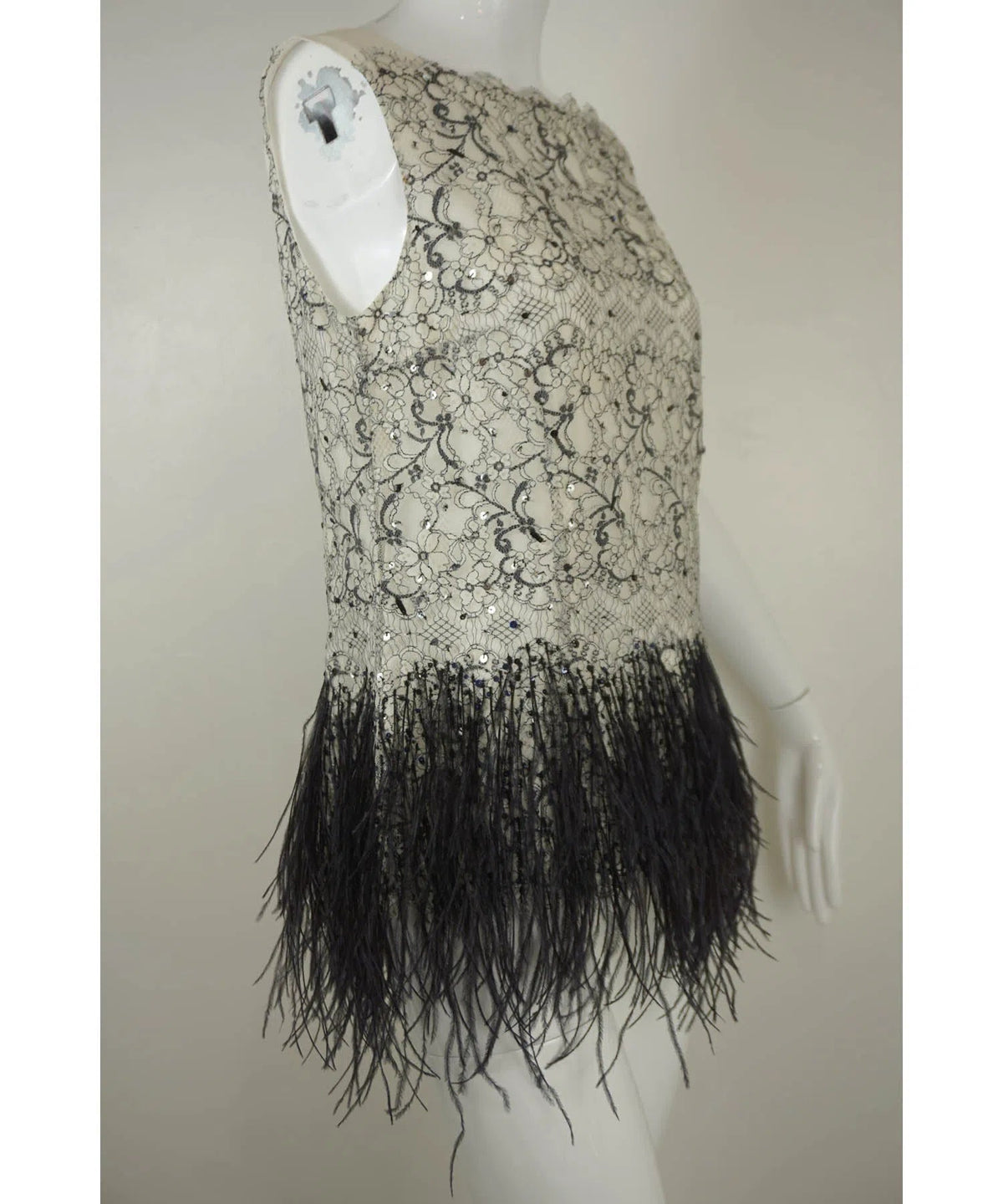 Carolina Herrera Sleeveless Lace &amp; Ostrich Feather Top