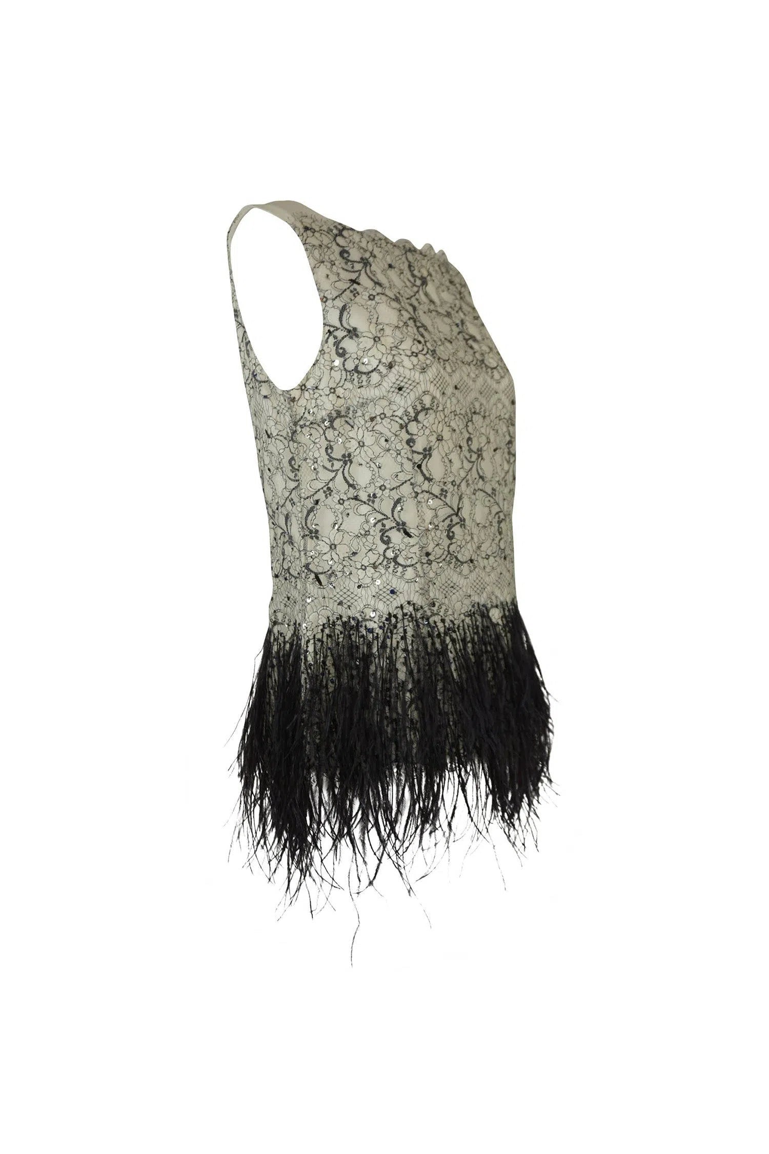 Carolina Herrera Sleeveless Lace & Ostrich Feather Top - Foxy Couture Carmel