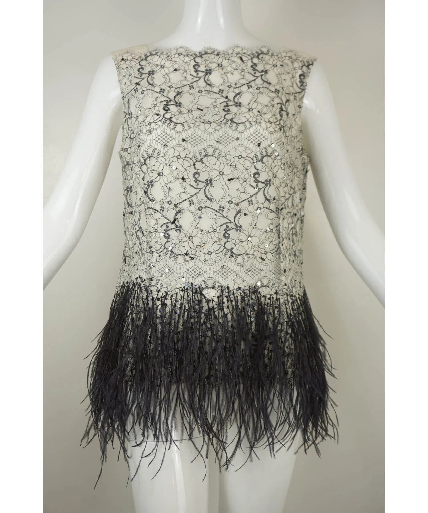 Carolina Herrera Sleeveless Lace & Ostrich Feather Top