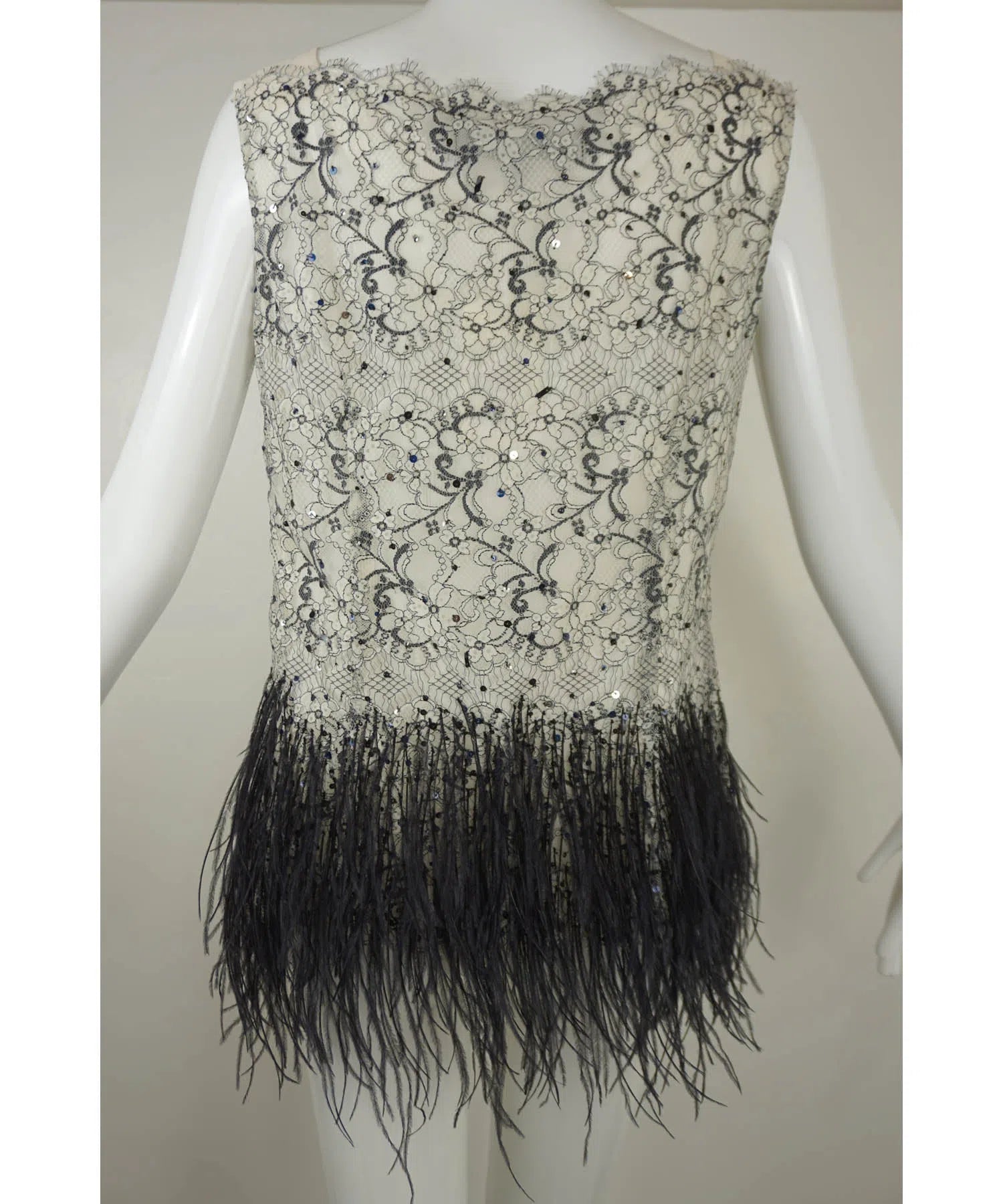 Carolina Herrera Sleeveless Lace & Ostrich Feather Top - Foxy Couture Carmel