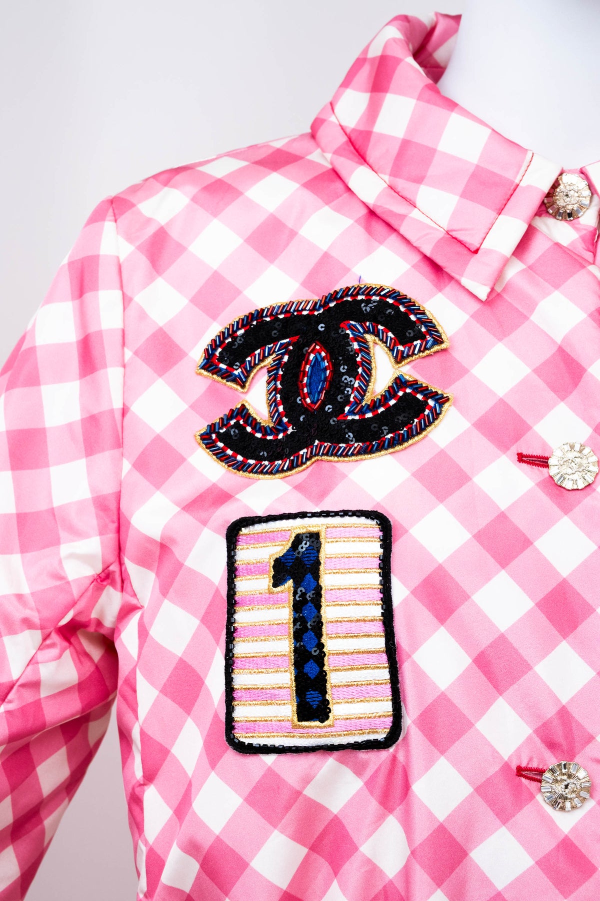 Chanel Pink Gingham Formula 1 Track Jacket 2023 Cruise Collection Size 38/6
