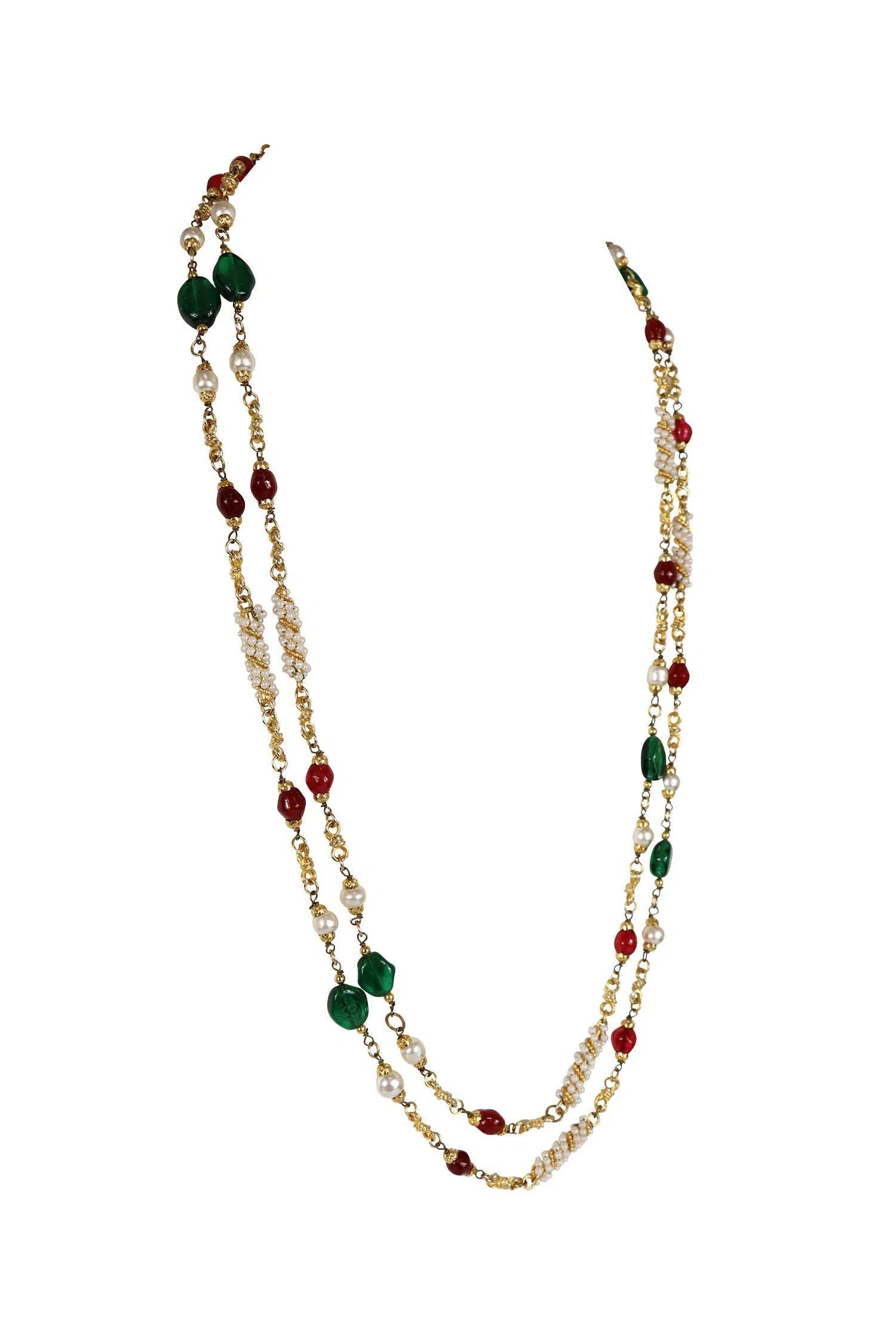 Chanel 1984 Long Red Green Gripoix Pearl Sautoir Necklace - Foxy Couture Carmel