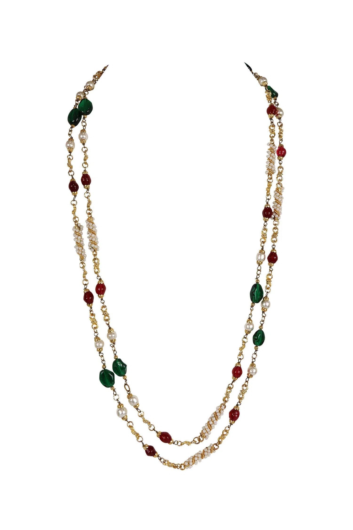Chanel 1984 Long Red Green Gripoix Pearl Sautoir Necklace - Foxy Couture Carmel