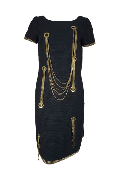 chanel dress gold chain Evening Chanel Size 4 Black Silk Gold Chain Black Sequins Dress