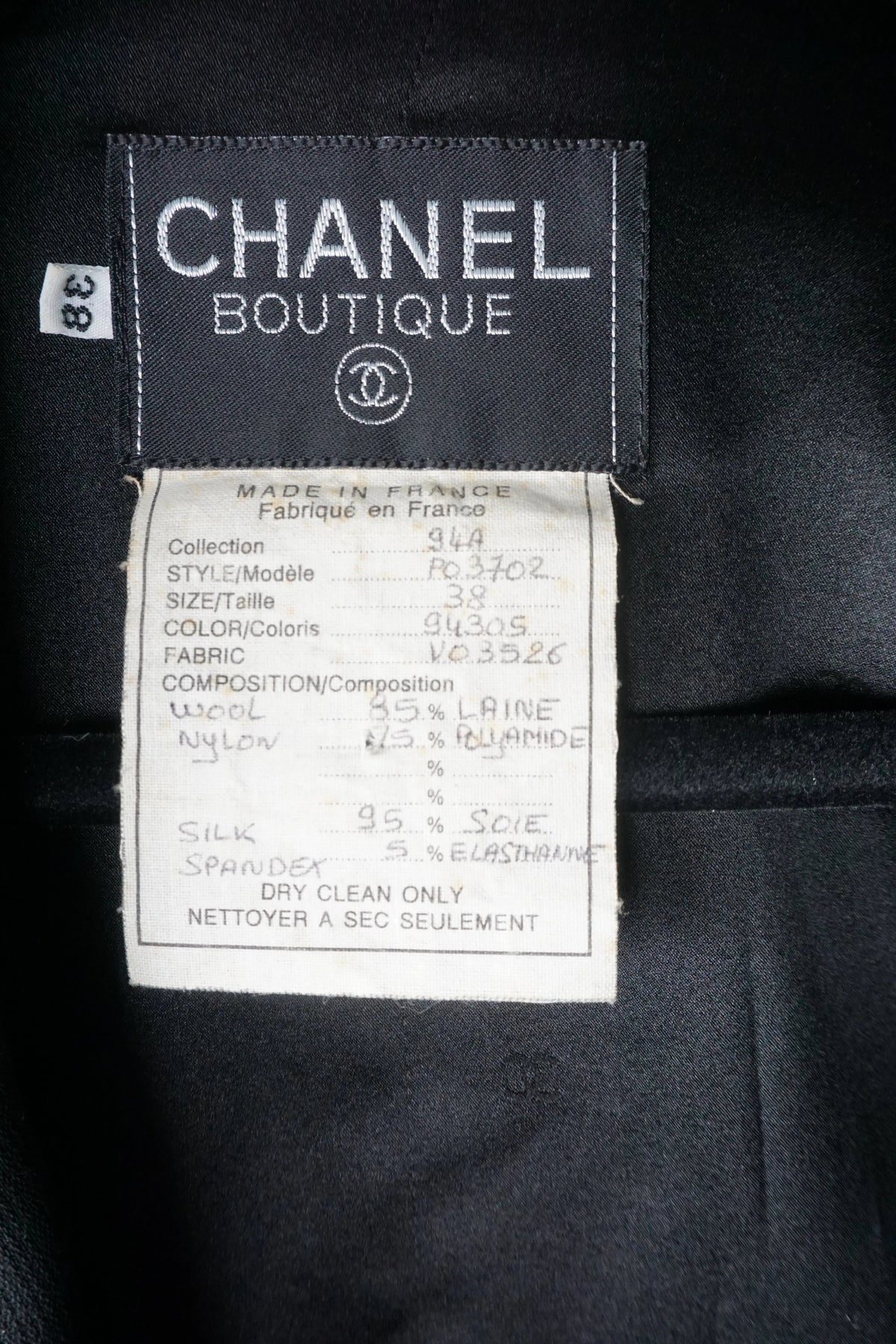 Chanel Black Crepe Corset Waist Gold CC Button Jacket 1994A Size 38