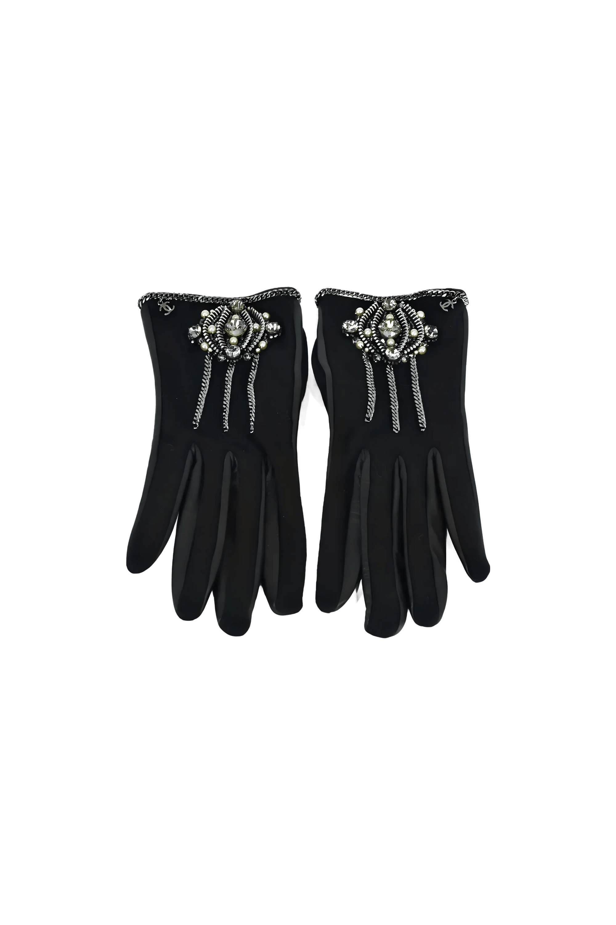 Chanel Black Leather Chain and Strass Trim Gloves sz 8
