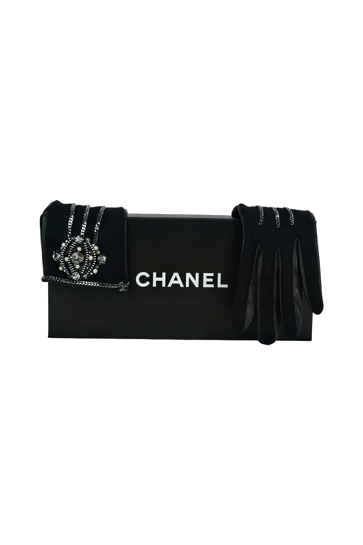 Chanel Black Leather Chain and Strass Trim Gloves sz 8