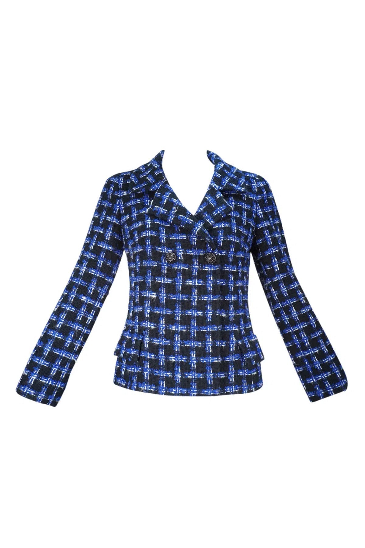 Chanel Blue and Black Tweed Two Button Jacket Size 38 - Foxy Couture Carmel