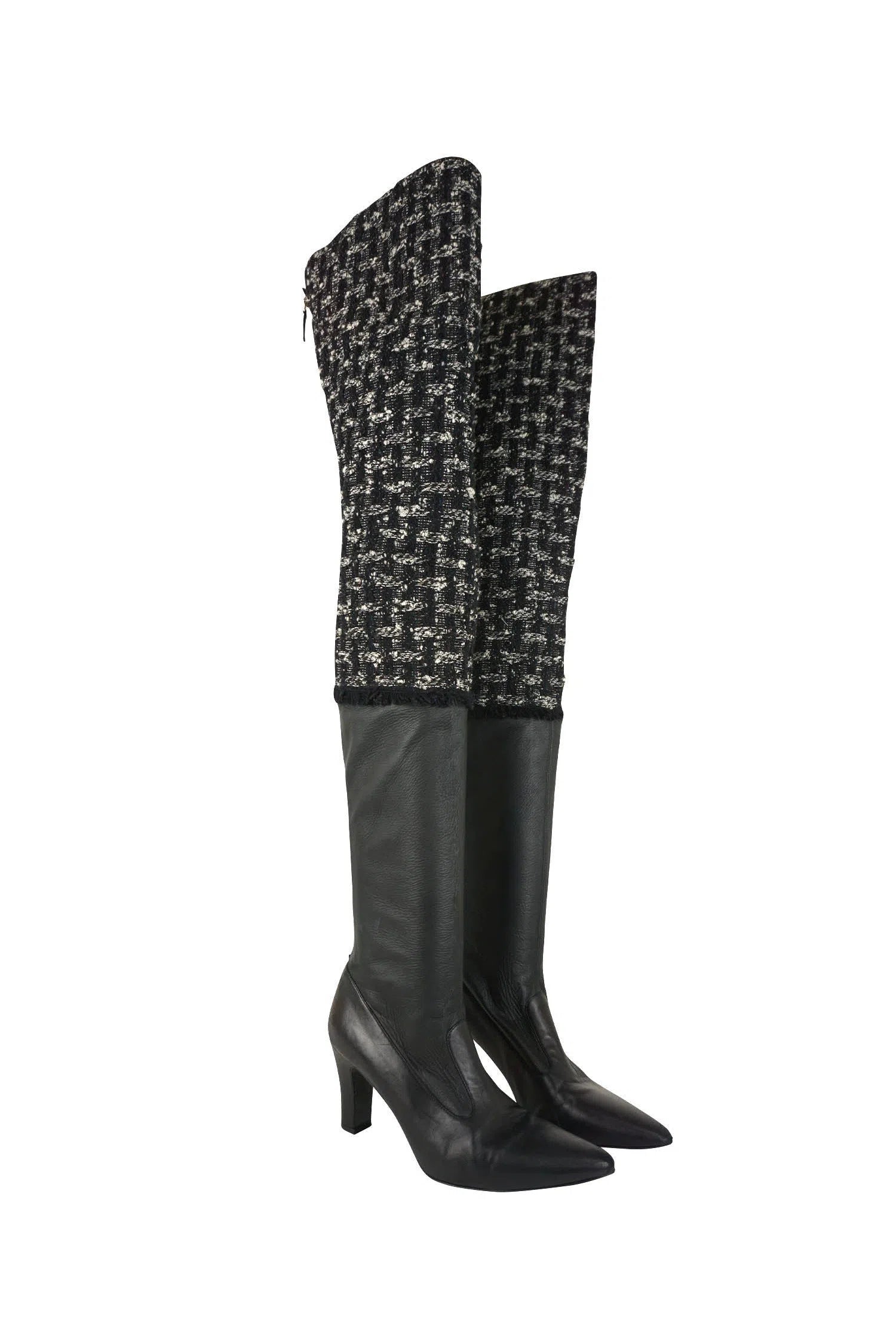 Chanel Calfskin Leather and Tweed Over the Knee Boots - Foxy Couture Carmel