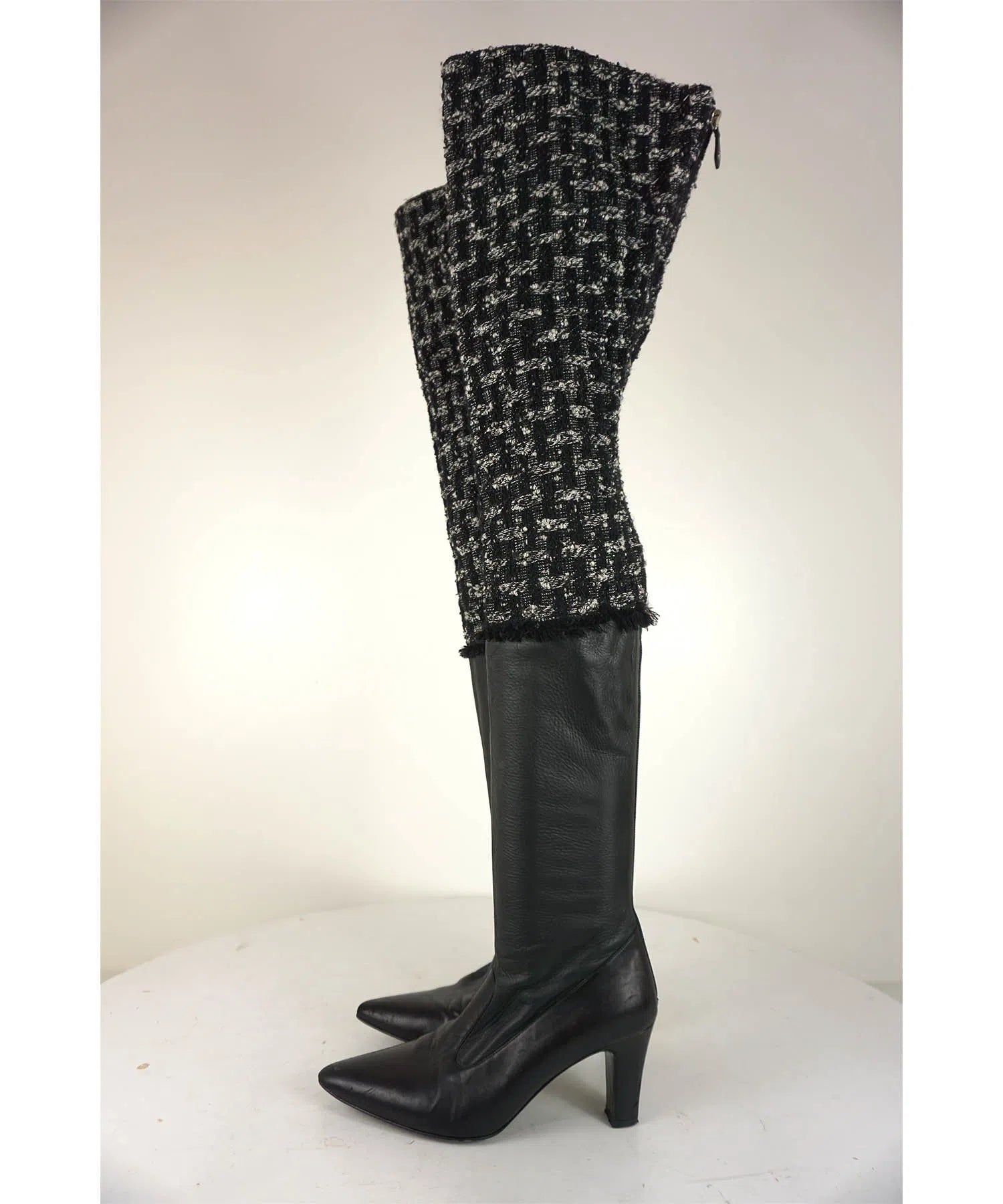 Chanel Calfskin Leather and Tweed Over the Knee Boots