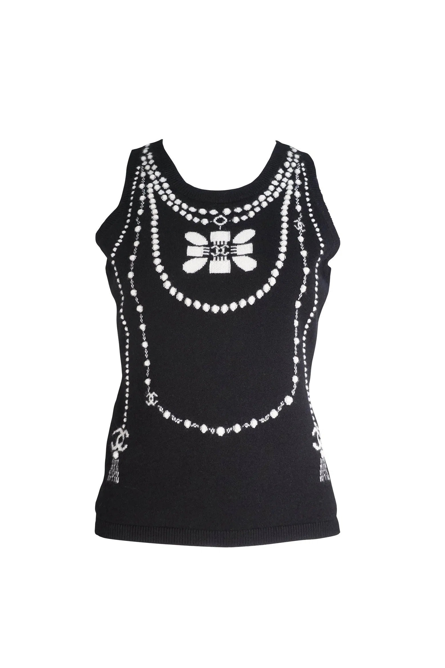 Chanel Pearl Necklace Trompe L'oeil Cashmere Tank Top 2020 Small