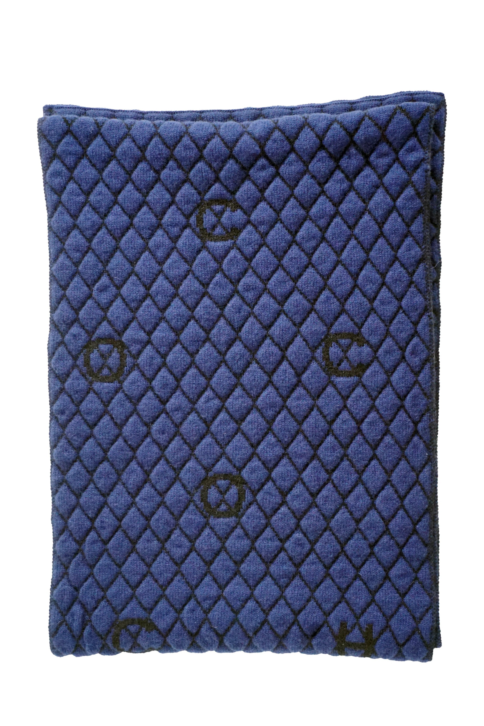 Chanel Quilted Design C H A N E L Letters Oblong Cashmere Scarf - Navy - Foxy Couture Carmel