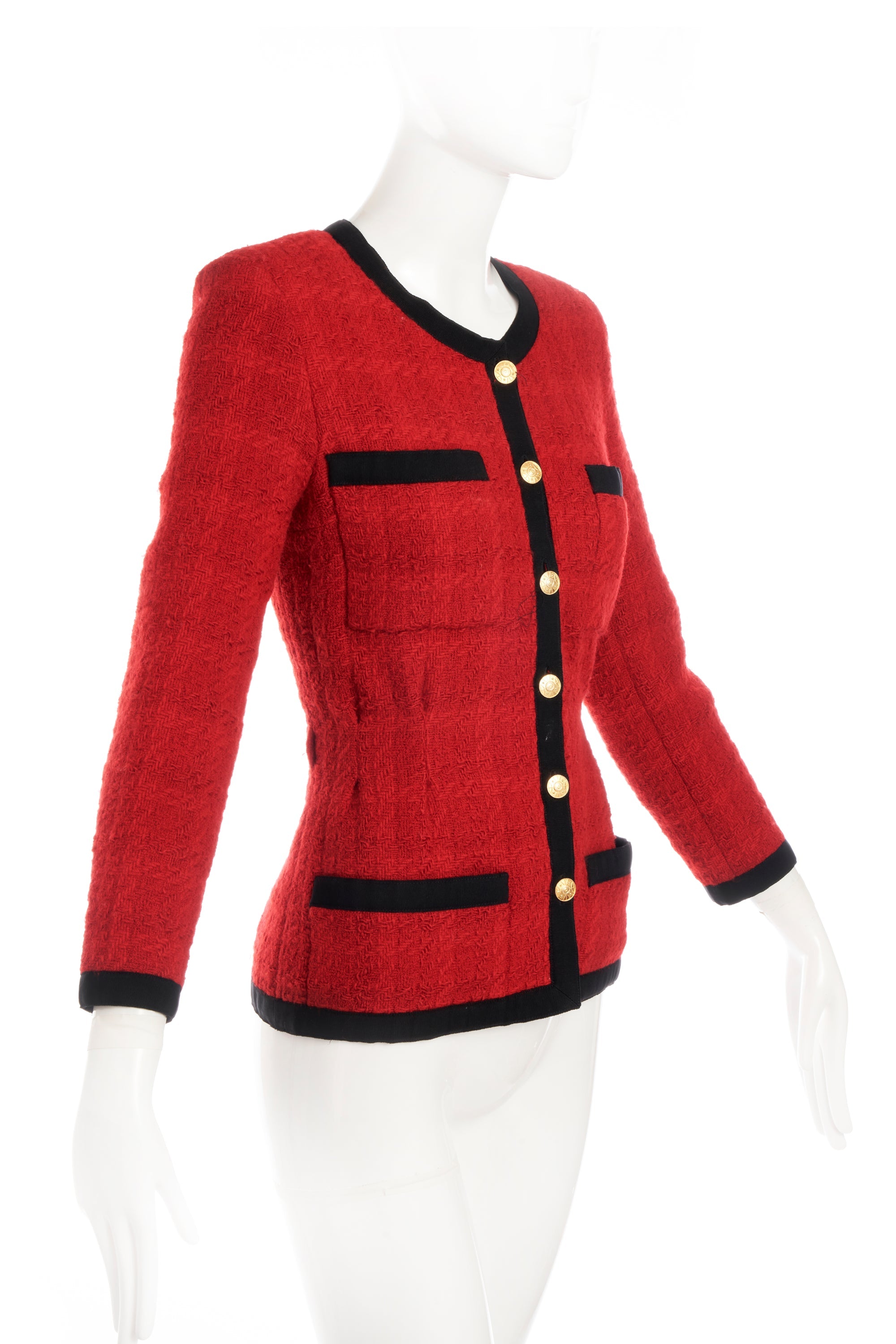 Chanel Red Boucle Jacket Black Faile Trim 24k Gold plated buttons