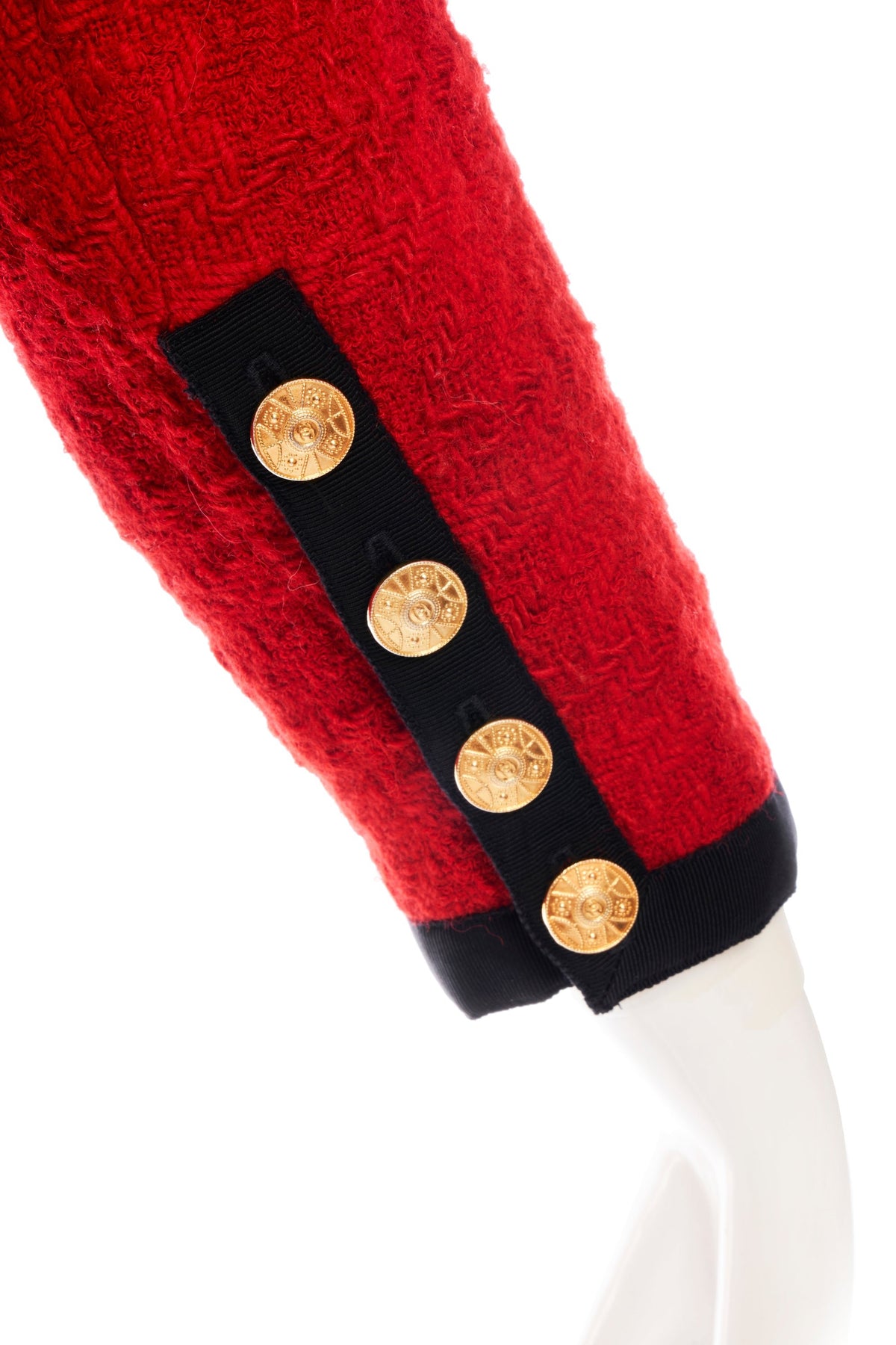 Chanel Red Boucle Jacket Black Faile Trim 24k Gold plated buttons