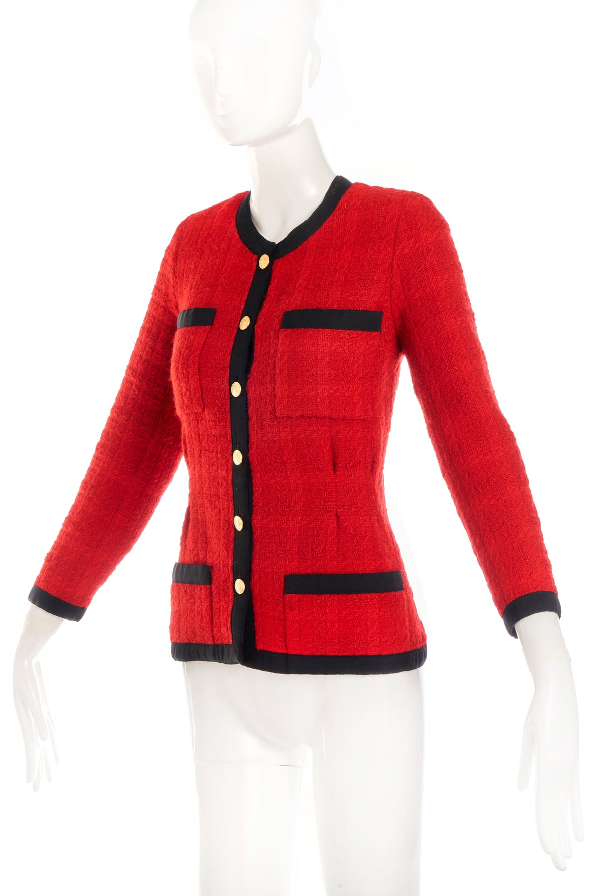 Chanel Red Boucle Jacket Black Faile Trim 24k Gold plated buttons