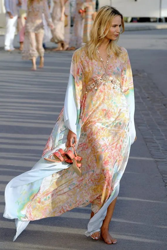 Chanel Silk Chiffon Caftan Gown in Watercolor Print Foxy Couture Carmel