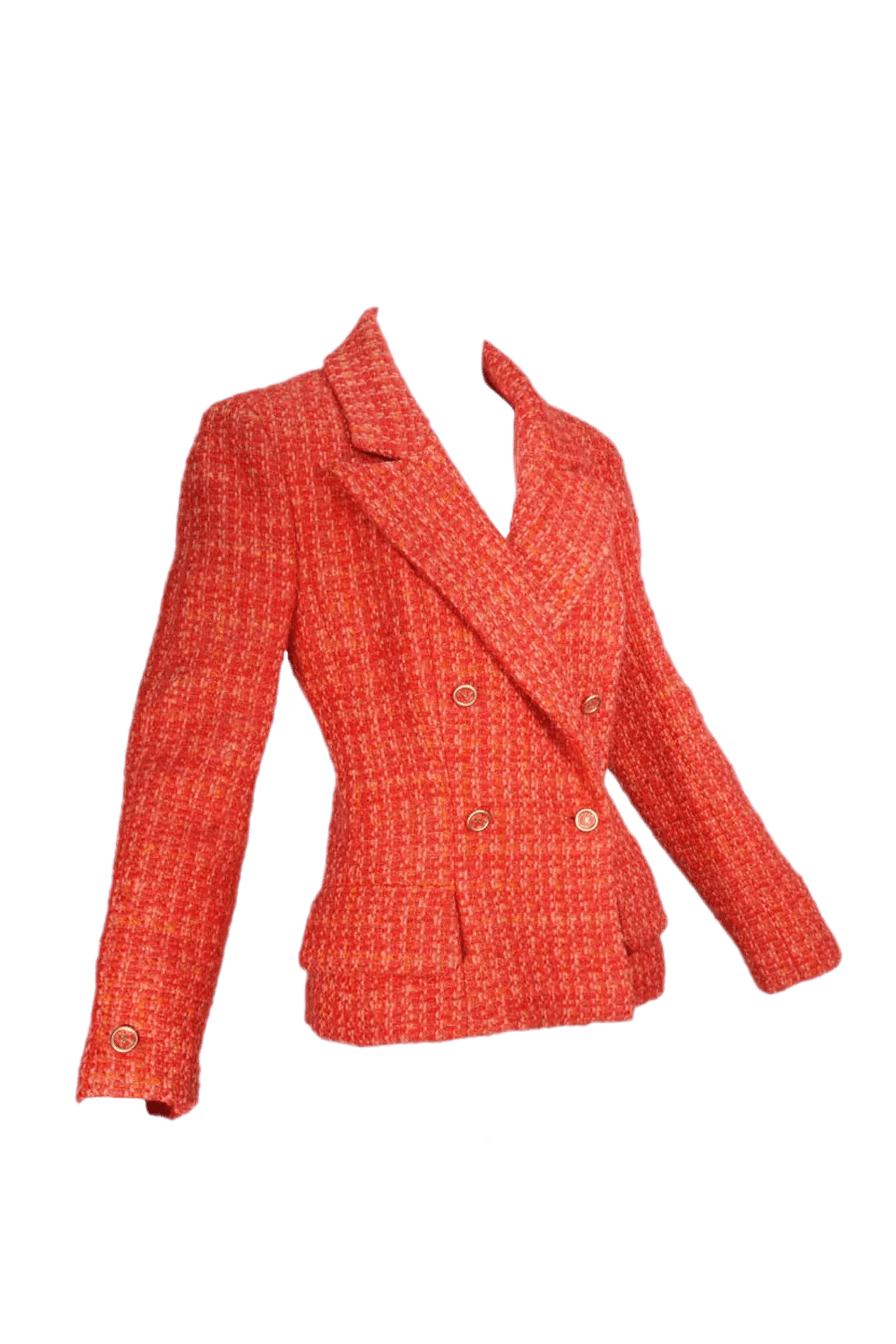 Chanel Size 42 Red Orange Tweed Jacket CC Buttons - Foxy Couture Carmel