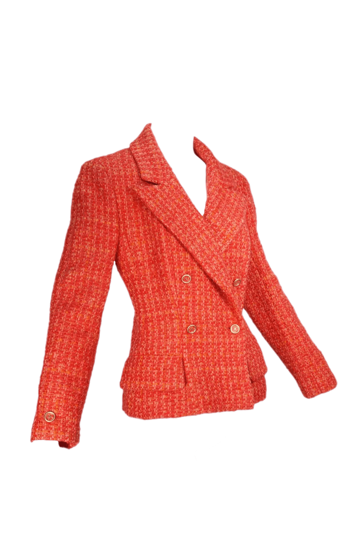 Chanel Size 42 Red Orange Tweed Jacket CC Buttons