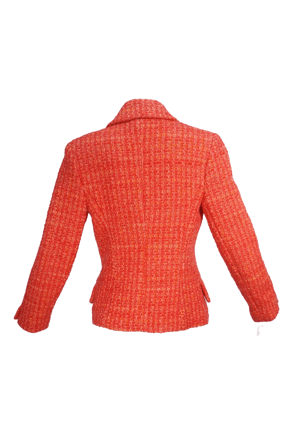 Chanel Size 42 Red Orange Tweed Jacket CC Buttons