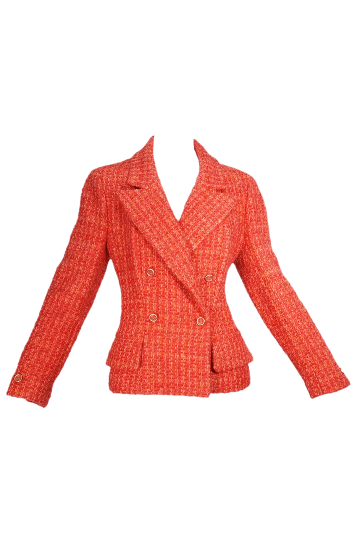 Chanel Size 42 Red Orange Tweed Jacket CC Buttons