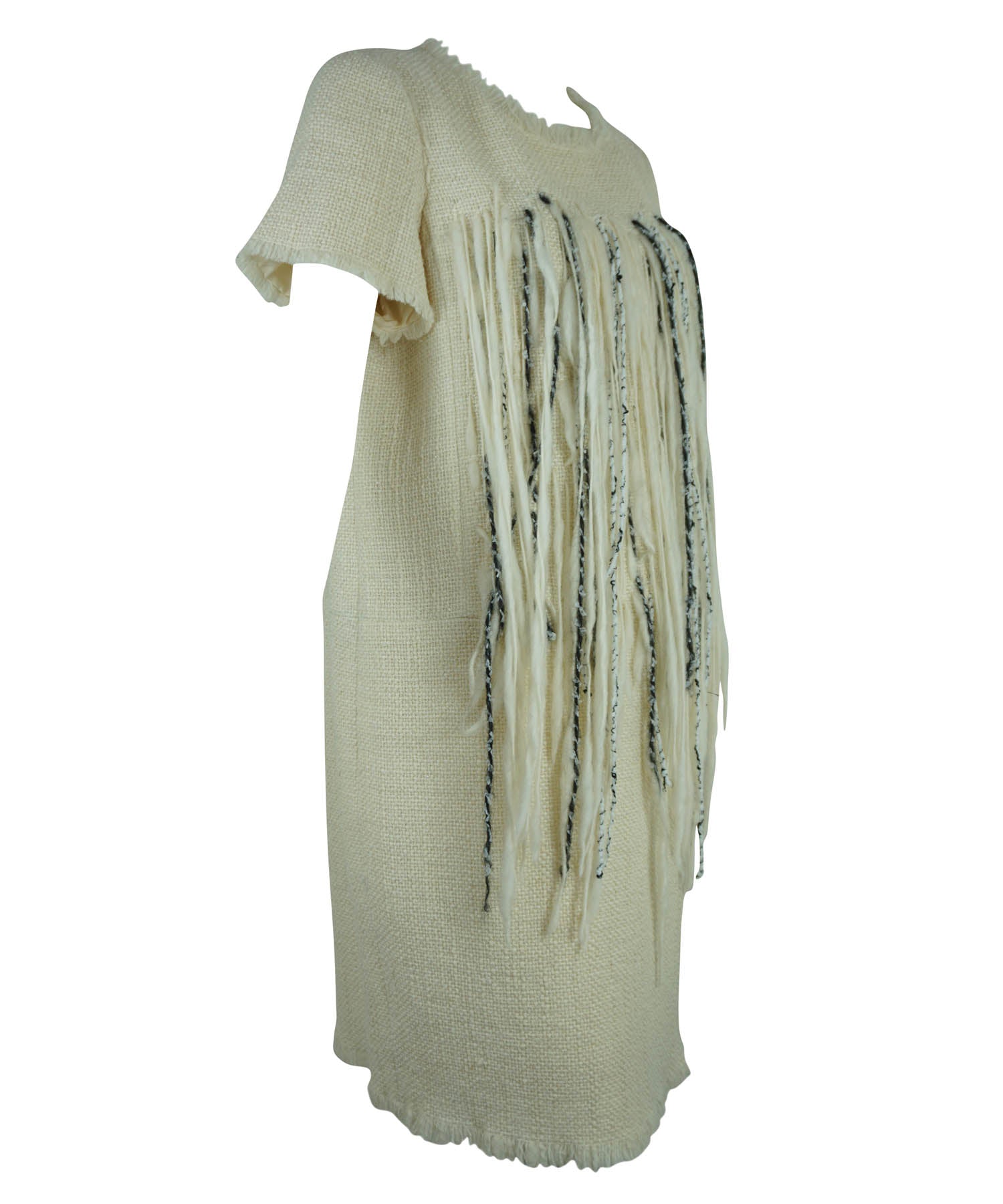 Chanel Tweed Dress with Pearl and Fringe Detail Sz 42 - Foxy Couture Carmel