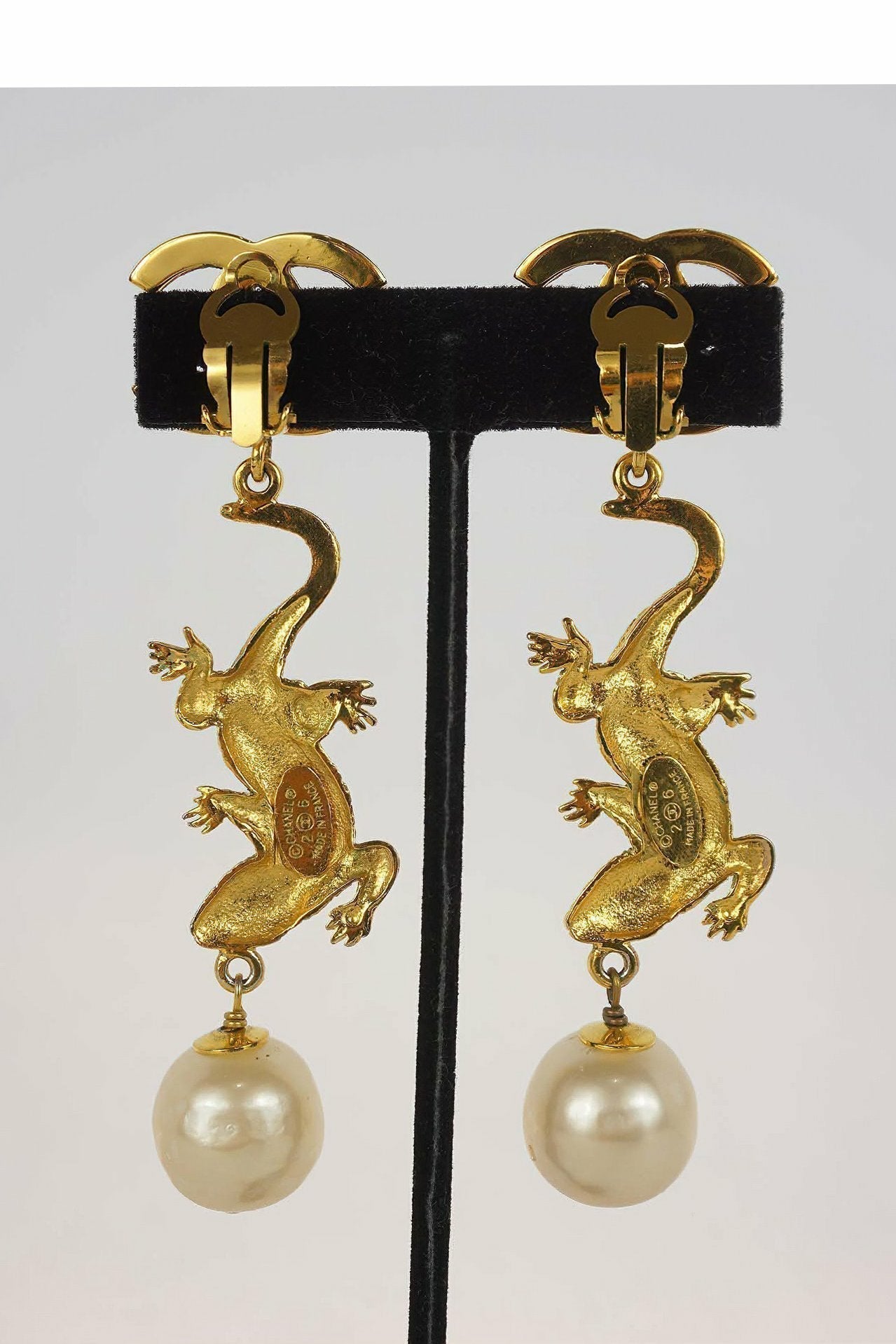 Chanel Vintage 1980s Lizard Pearl Drop Earrings