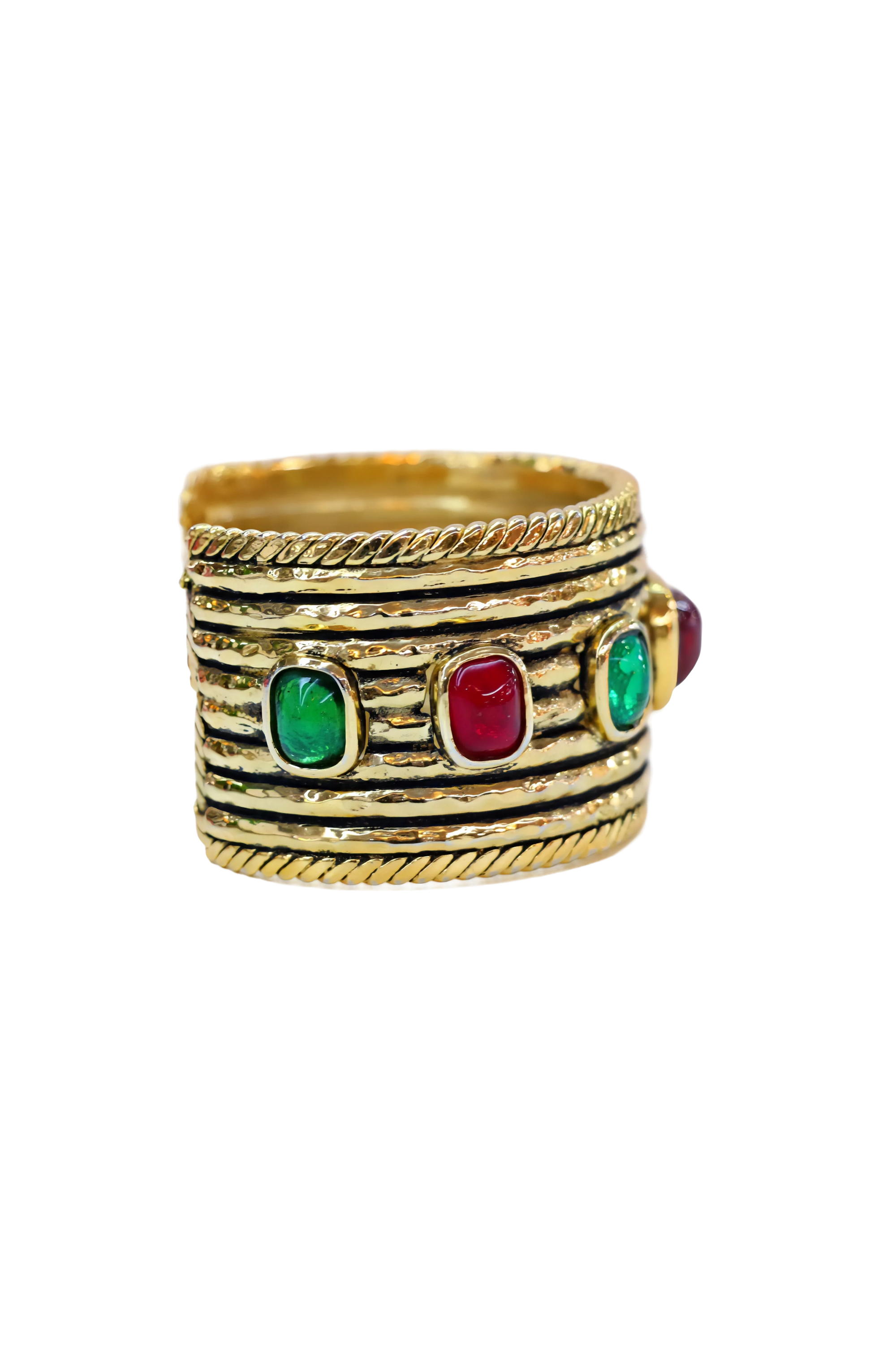 Chanel Vintage 1984 Gold Cuff w/Red & Green Gripoix Stones - Foxy Couture Carmel