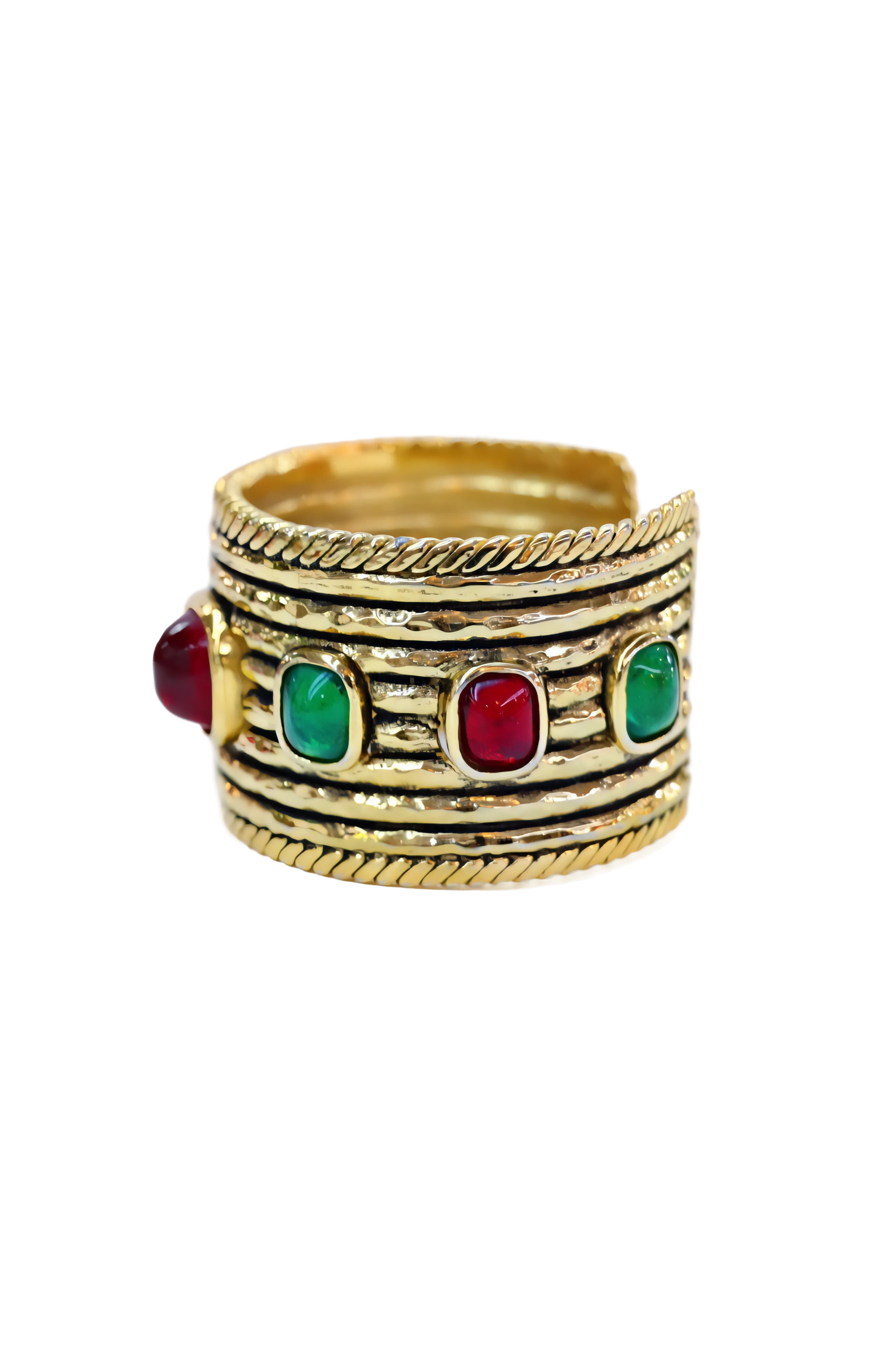 Chanel Vintage 1984 Gold Cuff w/Red & Green Gripoix Stones