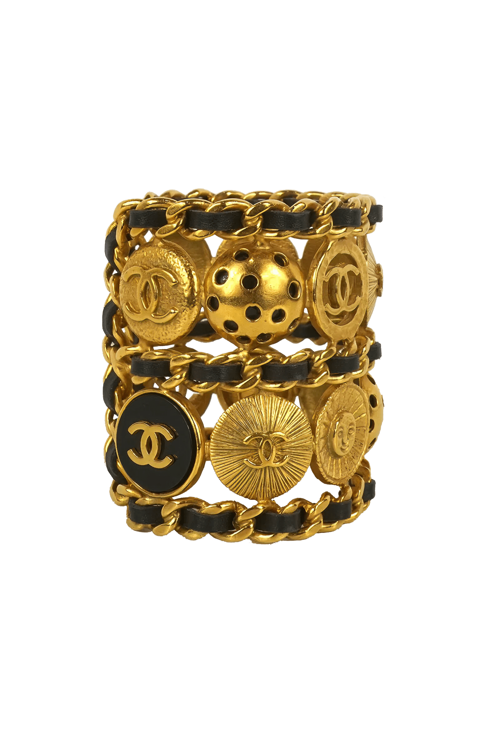 Chanel Vintage 1993 Leather Chain & Button Motif Cuff - Foxy Couture Carmel
