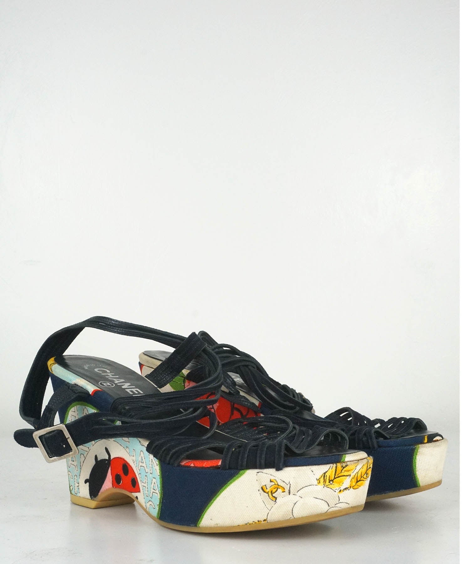 Chanel Vintage Ladybug Canvas Wedge Sandals - Foxy Couture Carmel