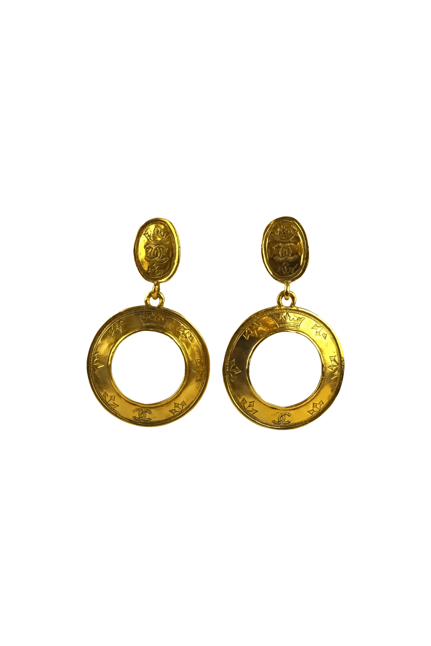 Chanel vintage Massive CC Crown Medallion Drop Hoop Earrings 1980's