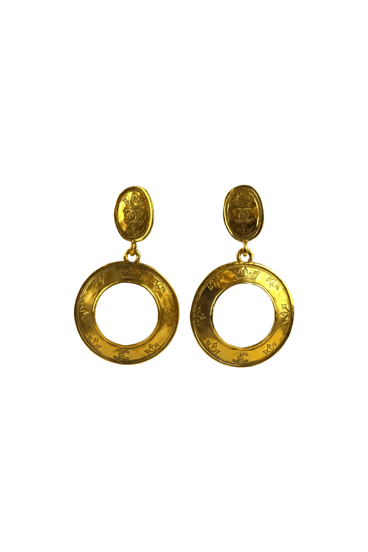 Chanel vintage Massive CC Crown Medallion Drop Hoop Earrings 1980&#39;s