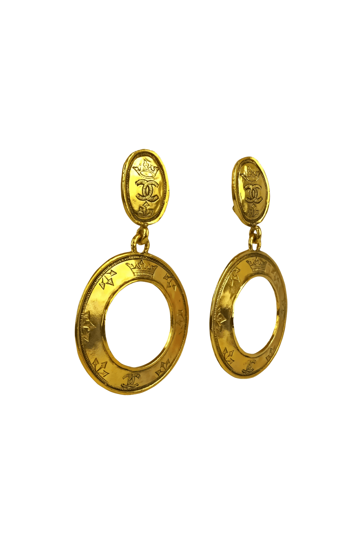 Chanel vintage Massive CC Crown Medallion Drop Hoop Earrings 1980&#39;s