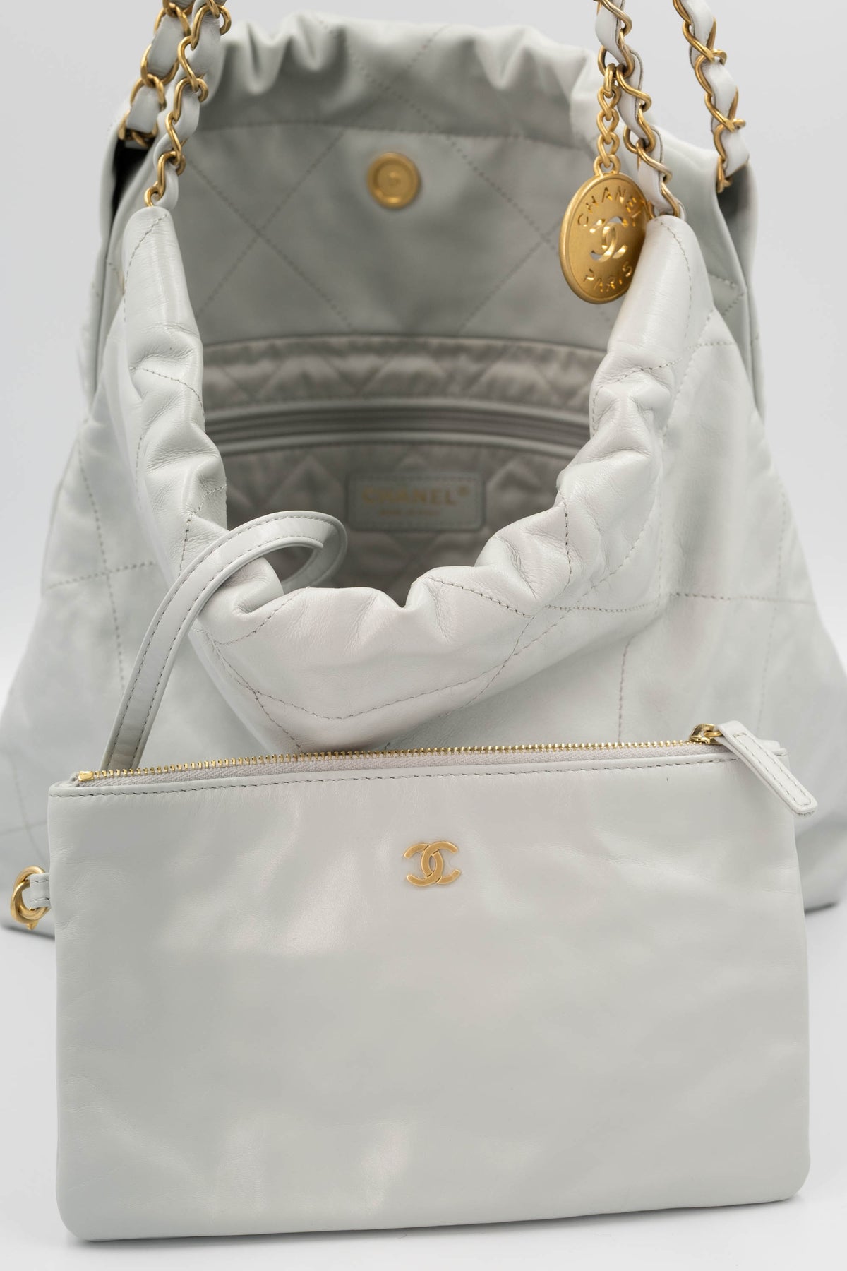 Chanel 22 Dove Gray Blue Hobo Purse Small 23S