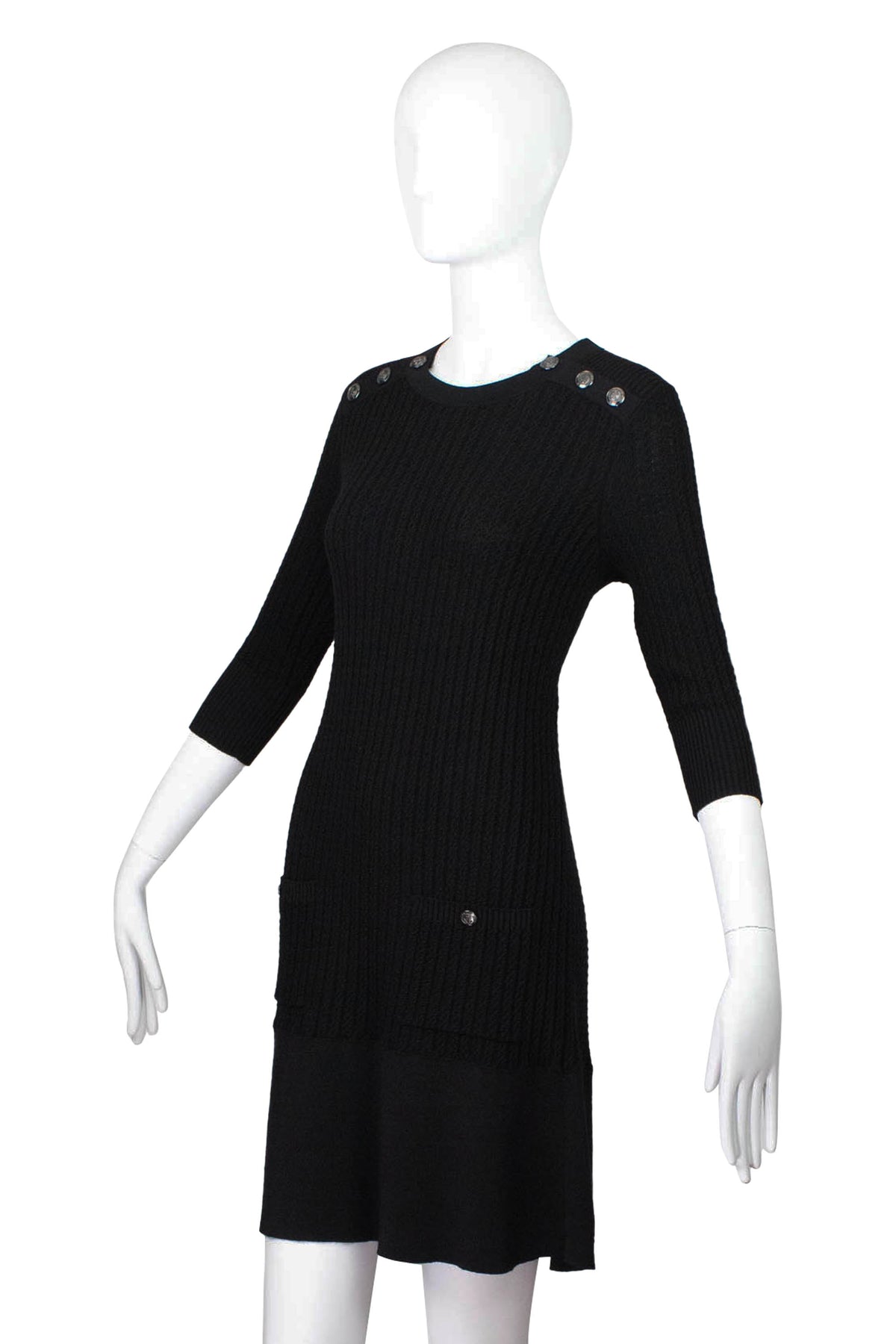 Chanel Black Knit Anchor Button Half Sleeve Dress Size 38