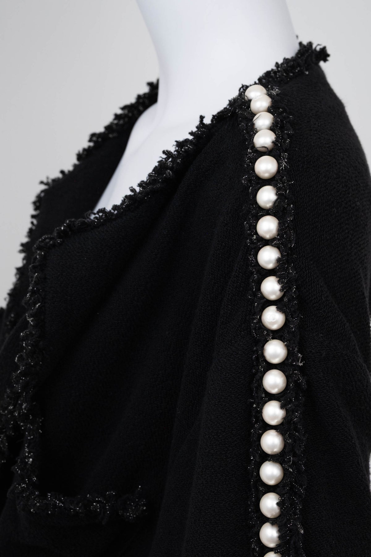 Chanel Black Boucle With Fringe and Pearls Trim Jacket 3/4 Length 2011P Size 42