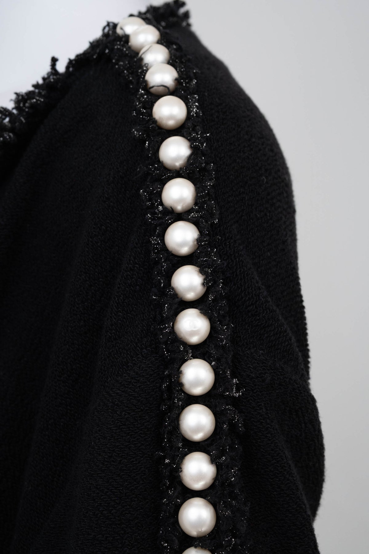 Chanel Black Boucle With Fringe and Pearls Trim Jacket 3/4 Length 2011P Size 42