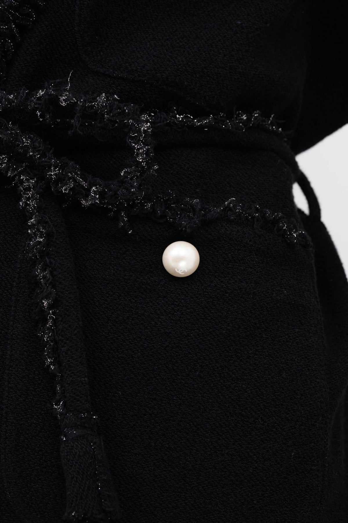 Chanel Black Boucle With Fringe and Pearls Trim Jacket 3/4 Length 2011P Size 42