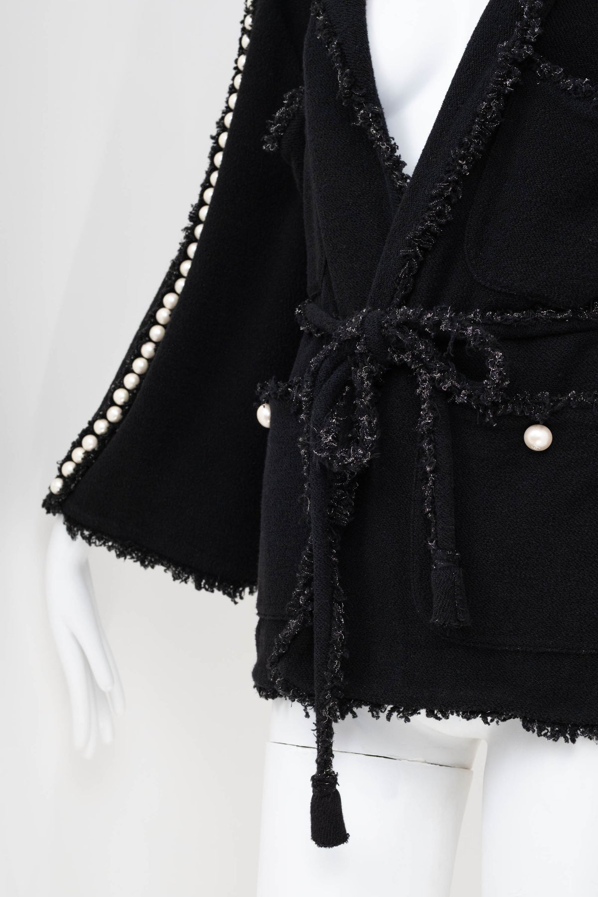 Chanel Black Boucle With Fringe and Pearls Trim Jacket 3/4 Length 2011P Size 42